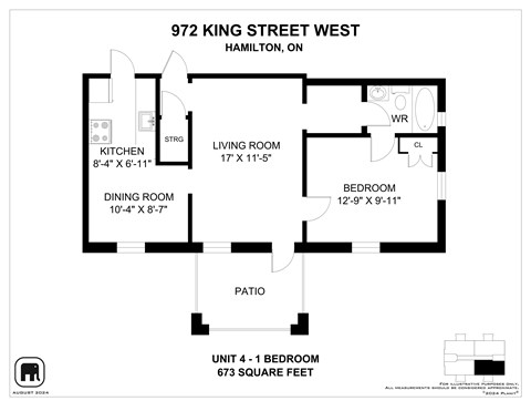 A floor plan for a 1 bedroom apartment at 972 King Street West in Hamilton, Ontario.